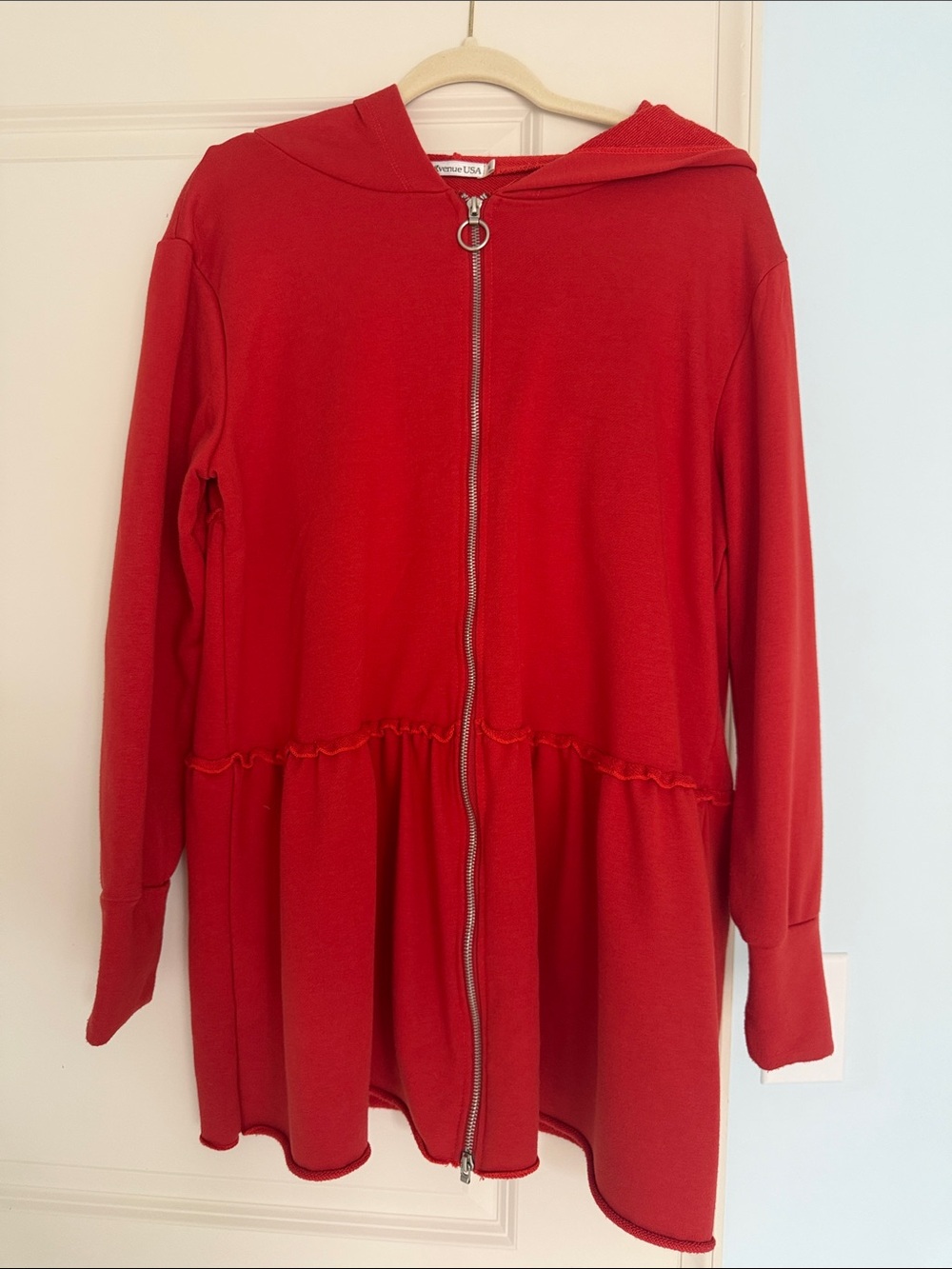 Red Zip-Front Hooded Peplum Sweatshirt